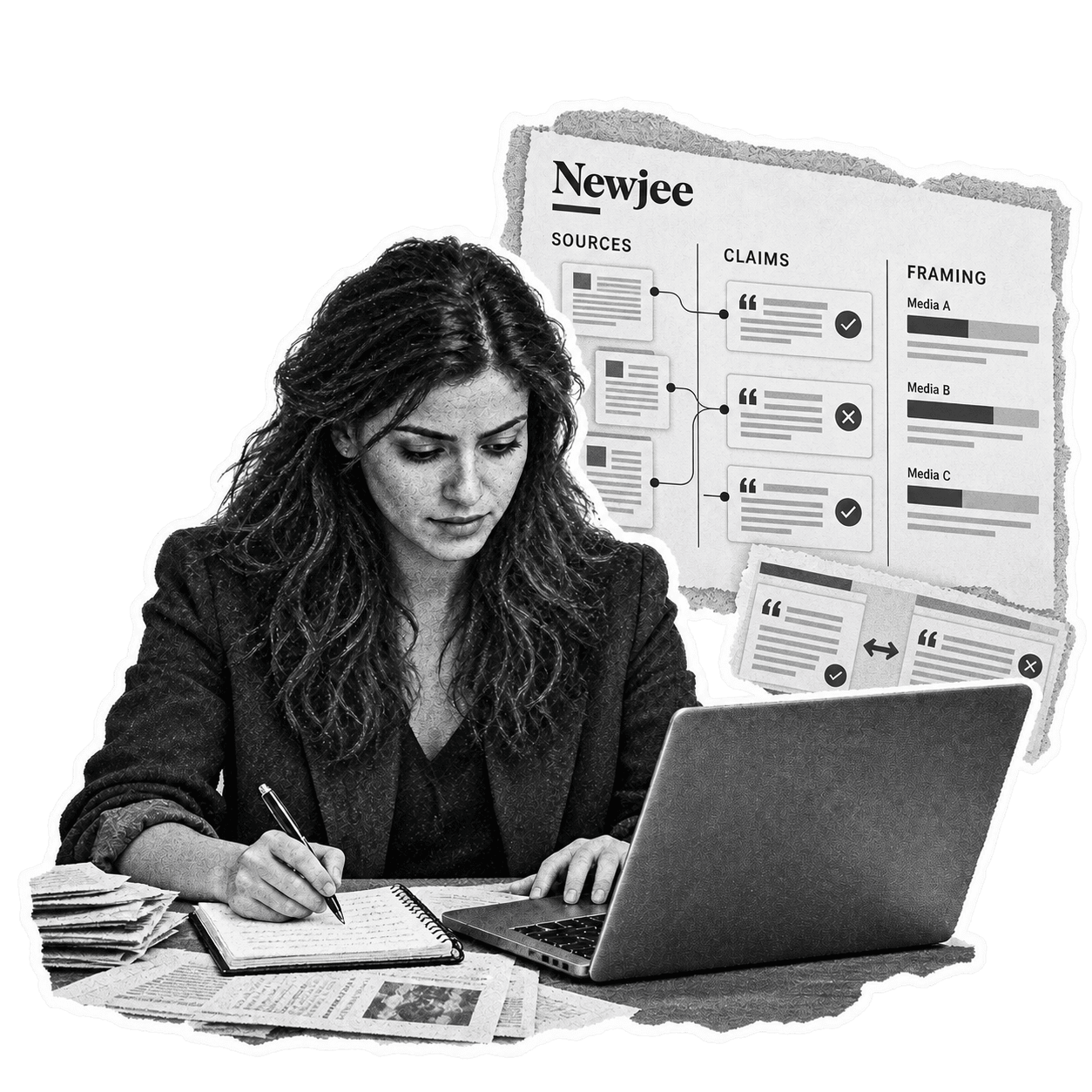 A journalist writing at a laptop beside a Newjee board laying out sources, checked claims, and how each outlet framed them