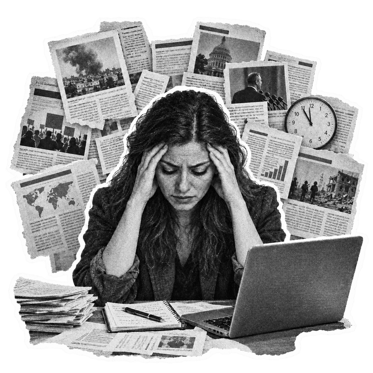A journalist at a laptop, head in hands, surrounded by torn newspaper clippings and a clock